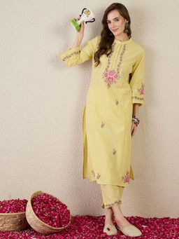 Indo Era - Yellow Embroidered Straight Kurta With Pant