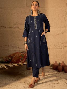 Indo Era - Navy Blue Embroidered A-Line Kurta with Pant