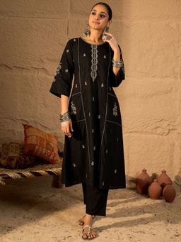 Indo Era - Black Embroidered A-Line Kurta With Pant