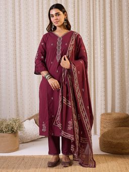 Indo Era - Maroon Embroidered Straight Kurta With Pant & Dupatta