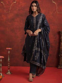 Indo Era - Blue Embroidered Straight Kurta With Pant & Dupatta