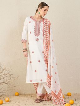 Indo Era - Orange Embroidered Straight Kurta With Pant & Dupatta
