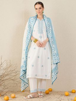 Indo Era - Blue Embroidered Straight Kurta With Pant & Dupatta