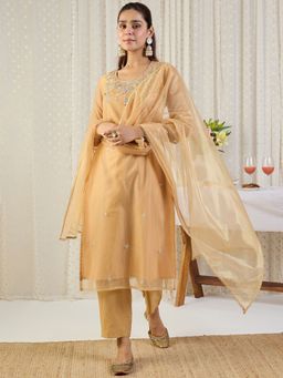 Indo Era - Beige Embroidered Straight Kurta With Pant & Dupatta