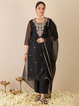 Indo Era - Black Embroidered Straight Kurta With Pant & Dupatta