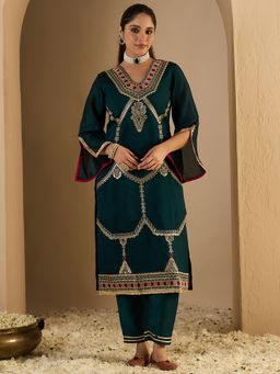 Indo Era - Teal Embroidered Straight Kurta with Pant