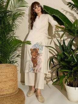 Indo Era - Off White Embroidered Straight Kurta with Pant