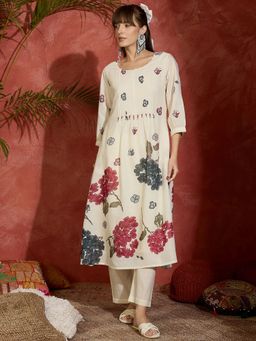 Indo Era - Off White Printed A-Line Kurta with Pant