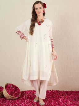 Indo Era - Off White Embroidered Straight Kurta with Pant