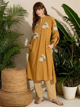 Indo Era - Mustard Embroidered Straight Kurta with Pant