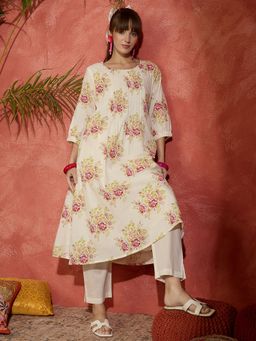 Indo Era - Off White Printed A-Line Kurta with Pant