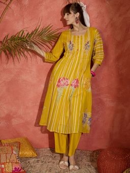 Indo Era - Mustard Printed A-Line Kurta with Pant