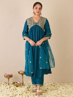 Indo Era - Blue Embroidered A-Line Kurta With Pant & Dupatta