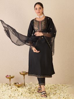 Indo Era - Black Embroidered Straight Kurta With Pant & Dupatta