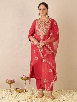 Indo Era - Red Embroidered Straight Kurta With Pant & Dupatta