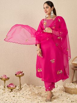 Indo Era - Pink Embroidered Straight Kurta With Pant & Dupatta