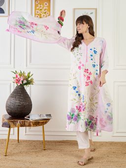 Indo Era - Off White Printed Straight Kurta With Pant & Dupatta