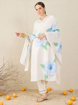 Indo Era - Off White Printed Straight Kurta With Pant & Dupatta