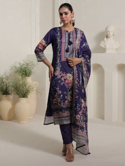 Indo Era - Purple Printed Straight Kurta With Pant & Dupatta
