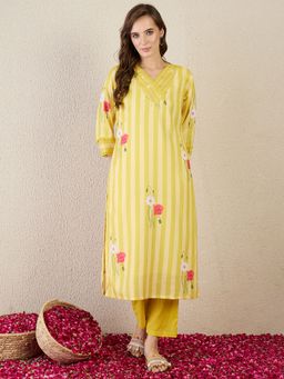 Indo Era - Yellow Printed Straight Kurta with Pant
