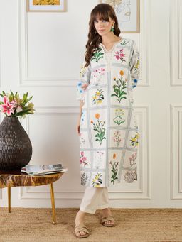 Indo Era - Off White Printed Straight Kurta with Pant