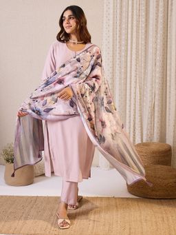 Indo Era - Lavender Straight Kurta With Pant & Dupatta
