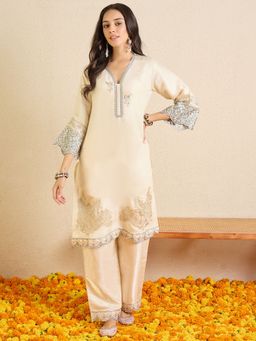 Indo Era - Cream Embroidered Straight Kurta With Pant