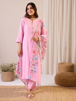 Indo Era - Pink Embroidered Straight Kurta With Pant & Dupatta