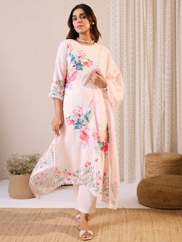 Indo Era - Peach Printed Straight Kurta With Pant & Dupatta