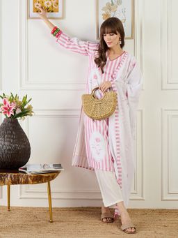 Indo Era - Pink Printed Straight Kurta With Pant & Dupatta