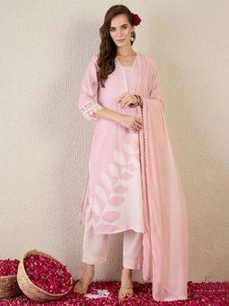 Indo Era - Pink Printed Straight Kurta With Pant & Dupatta