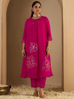 Indo Era - Pink Embroidered A-Line Kurta with Pant