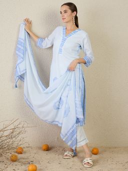 Indo Era - Blue Printed Straight Kurta With Pant & Dupatta