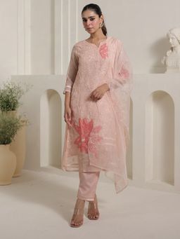 Indo Era - Peach Embroidered Straight Kurta With Pant & Dupatta