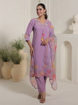 Indo Era - Lavender Embroidered Straight Kurta With Pant & Dupatta
