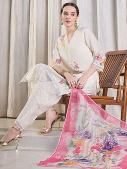 Indo Era - Off White Straight Kurta With Pant & Dupatta
