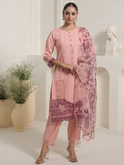 Indo Era - Pink Embroidered Straight Kurta With Pant & Dupatta