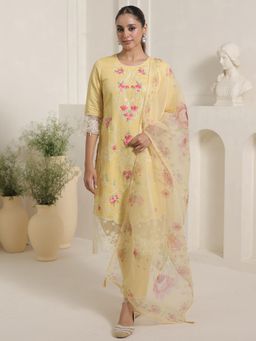 Indo Era - Yellow Embroidered Straight Kurta With Pant & Dupatta
