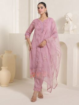 Indo Era - Lavender Embroidered Straight Kurta With Pant & Dupatta