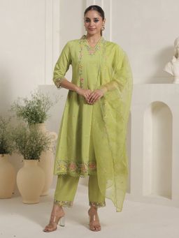 Indo Era - Green Embroidered A-Line Kurta With Pant & Dupatta