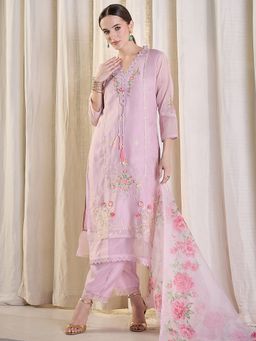 Indo Era - Lavender Embroidered Straight Kurta With Pant & Dupatta