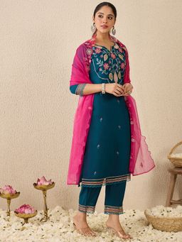 Indo Era - Teal Embroidered Straight Kurta With Pant & Dupatta