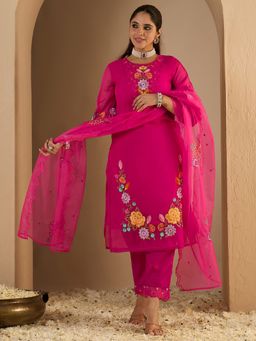 Indo Era - Rose Embroidered Straight Kurta With Pant & Dupatta