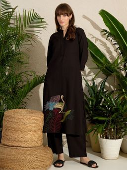 Indo Era - Black Embroidered A-Line Kurta With Pant
