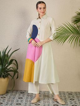 Indo Era - Off White Printed A-Line Kurta with Pant