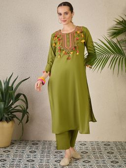 Indo Era - Green Embroidered Straight Kurta with Pant