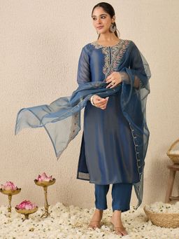 Indo Era - Blue Embroidered Straight Kurta With Pant & Dupatta