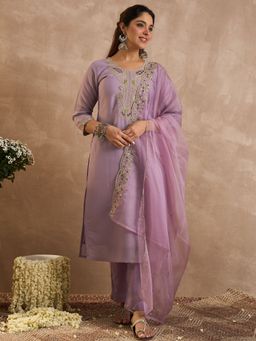 Indo Era - Lavender Embroidered Straight Kurta With Pant & Dupatta