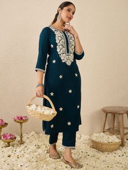 Indo Era - Teal Embroidered Straight Kurta with Pant