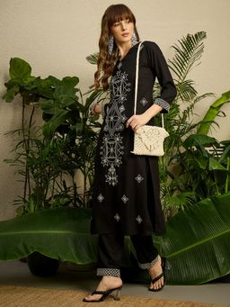 Indo Era - Black Embroidered Straight Kurta with Pant